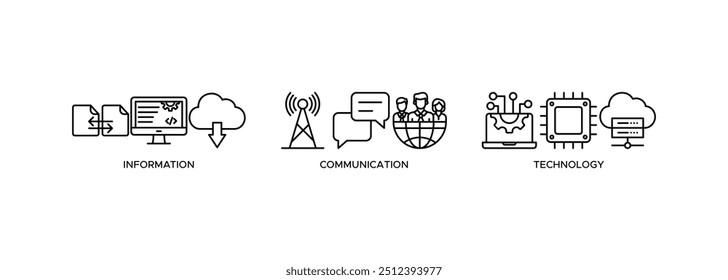 ICT icon. tecnologia de informação e comunicação com ícone de antena, rádio, rede, site, banco de dados, nuvem, servidor, dados, eletrônico e processador