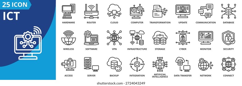 conjunto de ícones ict coleção em estilo outline. o pacote de ícones contém rede, servidor, roteador, nuvem, computação, software, hardware, conectar, sem fio, ícone de segurança