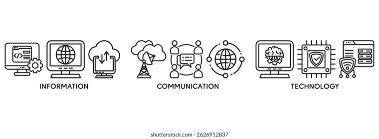 ICT icon set vector illustration concept relate to information and communications technology with icon of antenna, radio, network, website, database, cloud, server, data, electronic, and processor