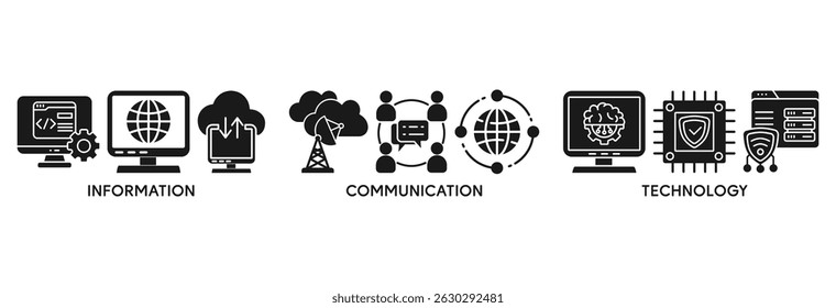 ICT icon set vector illustration concept relate to information and communications technology with icon of antenna, radio, network, website, database, cloud, server, data, electronic, and processor