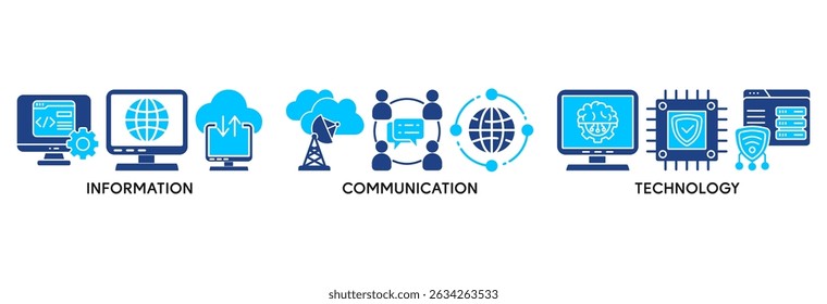 ICT icon set vector illustration concept relate to information and communications technology with icon of antenna, radio, network, website, database, cloud, server, data, electronic, and processor