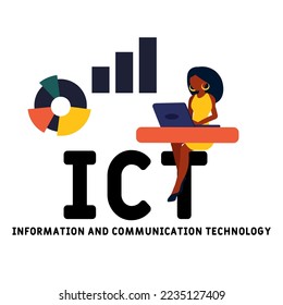 ict - acrónimo de tecnología de la información y las comunicaciones. fondo de concepto de negocio.  concepto de ilustración vectorial con palabras clave e iconos. ilustración con iconos para banner web, volante