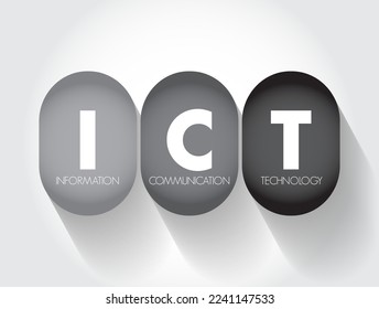 ICT Information and Communication Technology - set of technological tools and resources used to transmit, store, create, share or exchange information, acronym text concept background