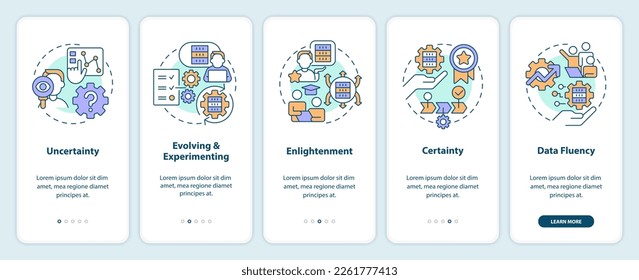 ICT literacy levels onboarding mobile app screen. Employment walkthrough 5 steps editable graphic instructions with linear concepts. UI, UX, GUI template. Myriad Pro-Bold, Regular fonts used