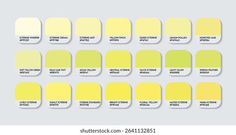Icterine Color Palette. Icterine Tones Swatch Chart with HEX Codes and Color Names. Green-Yellow and Olive Tints Variants Infused neon Yellow Tone Palette. Golden and Warm Tints Variants color palette