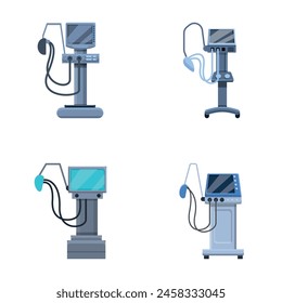 Icu Beatmungsgerät Icons setzen Cartoon-Vektorgrafik. Medizinische Therapie für Lungenbeatmung. Lebensbedingter Support oder Wiederbelebung