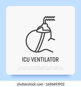 ICU ventilator, medical therapy for lungs ventilation. Thin line icon. Man lying in intensive care for COVID-19. Vector illustration.