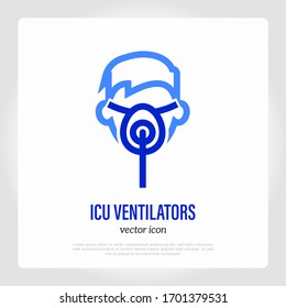 ICU Ventilator Thin Line Icon. Man In Mask For Mechanical Ventilation Of Lungs. Medical Treatment For Covid-19. Healthcare And Medical Vector Illustration.