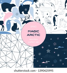 Icy Antarctic nature pattern set. Camouflage style background with Polar Bear Walrus Penguin Narwal Seal Reindeer Whale Arctic Fox Owl silhouette. Arctic Wildlife Creatures print in Scandinavian style