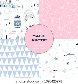 Icy Antarctic nature pattern set. Noth Pole nature with little Eskimo Yurt Reindeer in decorative Scandinavian style. Polygonal linear pink neutral seamless background. Geometric triangle texture