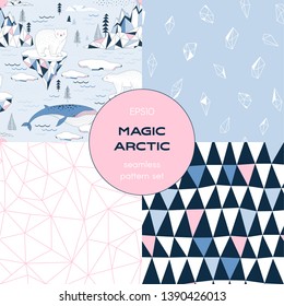 Icy Antarctic nature pattern set. Backdrop with Iceberg Polar Bear Blue Whale North Pole creatures. Print with hand drawn line art Minerals, Crystals, Gems. Polygonal linear seamless background