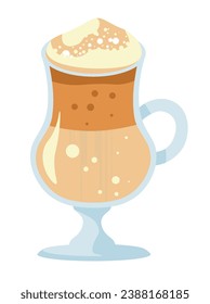 Icy and blended frappe drink with creamy and frothy texture. Isolated glass with cold coffee, milk and crushed ice and whipped cream. Refreshing beverage during hot weather. Vector in flat style