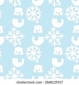 Icy blue Christmas Snowman seamless pattern background for website graphics, fashion textile