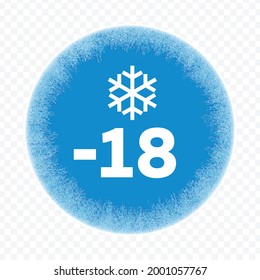 Icy blue round frame with white snowflake on transparent background. Frozen window. Sticker, sign or label for marking frozen food. Freezing food, long-term storage. EPS10 vector