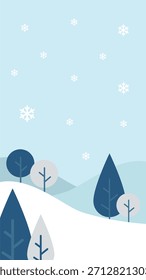 Vector helado azul del paisaje del invierno con los copos de nieve que caen, los árboles mínimos, y las colinas nevadas ondulantes. Fondo de temporada de diseño limpio y plano adecuado para festivales de vacaciones e invierno o temas de eventos.