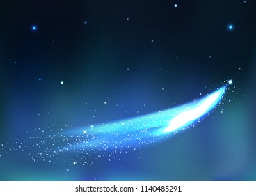 Icy comets sparkle on stars scatter on night fantasy sky, astronomy constellation blue concept abstract background vector illustration