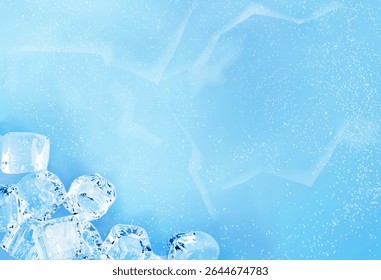 Icy cube on blue icy surface background. 3D Illustration of scattered frozen water texture light blue surface covered in ice