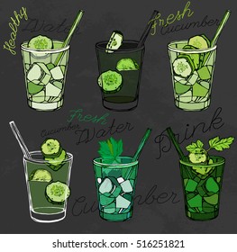 Icy cucumber water. Beautiful handdrawn image in bright green colours. Vector illustration in unique artistic style on a dark grey textured background. Natural and organic food creative concept.