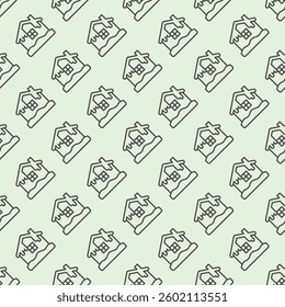 Icy frozen house line seamless pattern, merry christmas theme. Vector graphics. Cottage building with snow and icicles sign with background, repeat line icon