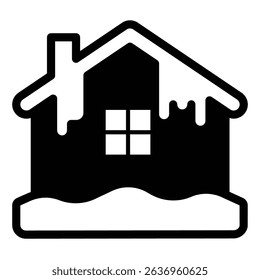 Icy frozen house solid icon, merry christmas concept. Vector graphics. Cottage building with snow and icicles sign on white background, style mobile or design