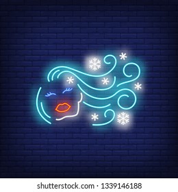 Icy Girl Neon Sign. Woman Face And Blue Hair Covered With Snowflakes On Brick Wall Background. Vector Illustration In Neon Style For Seasonal Banners, Winter Posters, Beauty Salon Flyers