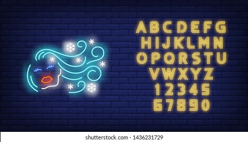 Icy Girl Neon Sign. Woman Face And Blue Hair Covered With Snowflakes On Brick Wall Background. Vector Illustration In Neon Style For Seasonal Banners, Winter Posters, Beauty Salon Flyers