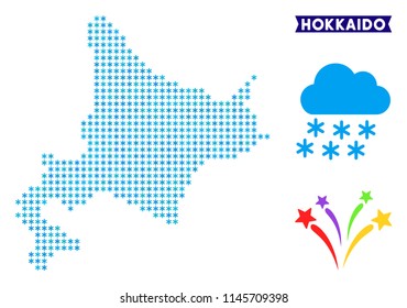 Icy Hokkaido Island map. Vector geographic plan in blue icy colors. Vector collage of Hokkaido Island map made of snow flakes.
