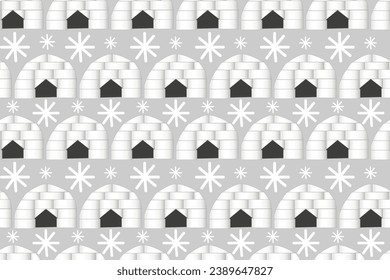 Icy igloo, snowy winter white home. North pole architecture. Cartoon cold. Cool ice. Snowflakes. Christmas house. Seamless vector pattern for design and decoration.