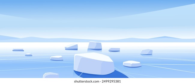 Icy landscape with floating ice floes in frozen water. Glacier in the ocean. Northern Polis or Antarctica. Iceberg. Blue sky and cold, frozen environment.
