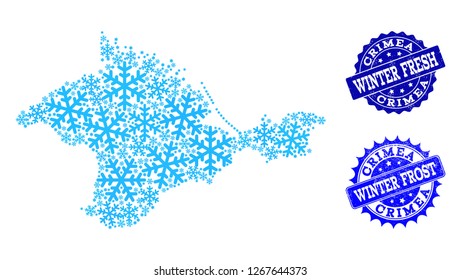 Icy map of Crimea and rubber stamp seals in blue colors with Winter Fresh and Winter Frost titles. Mosaic map of Crimea is designed with ice elements.