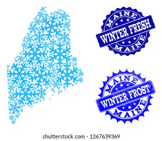 Icy map of Maine State and scratched stamp seals in blue colors with Winter Fresh and Winter Frost titles. Mosaic map of Maine State is formed with ice elements.