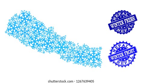 Icy map of Nepal and rubber stamp seals in blue colors with Winter Fresh and Winter Frost texts. Mosaic map of Nepal is created with ice elements.