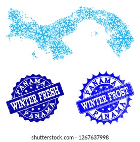 Icy map of Panama and grunge stamp seals in blue colors with Winter Fresh and Winter Frost texts. Mosaic map of Panama is created with ice elements.