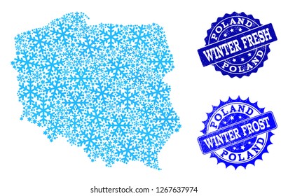 Icy map of Poland and rubber stamp seals in blue colors with Winter Fresh and Winter Frost titles. Mosaic map of Poland is composed with ice elements.