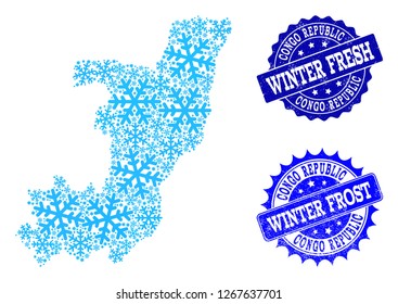 Icy map of Republic of the Congo and grunge stamp seals in blue colors with Winter Fresh and Winter Frost texts. Mosaic map of Republic of the Congo is designed with icy parts.