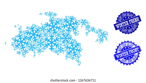 Icy map of Saint John Island and scratched stamp seals in blue colors with Winter Fresh and Winter Frost captions. Mosaic map of Saint John Island is created with icy parts.