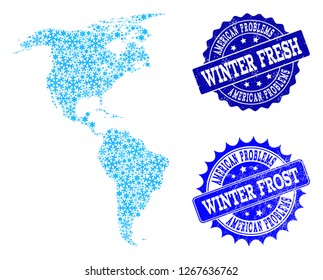 Icy map of South and North America and grunge stamp seals in blue colors with Winter Fresh and Winter Frost captions. Mosaic map of South and North America is formed with icy parts.