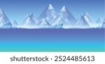 Icy mountain with calm sea below and cloudy mountains in the background. Ideal for nature designs, adventure themes, or environmental projects, offering a serene and cold landscape illustration.