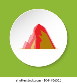 Icy mountain with ledges icon in flat style. Terraced rock symbol on round button