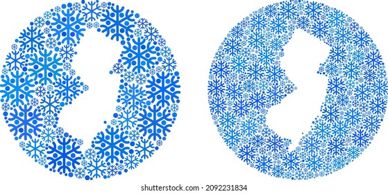 Icy New Jersey State map collage designed with sphere and stencil. Vector New Jersey State map collage of snowflake particles in various sizes and blue color tinges.