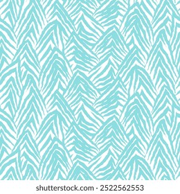 Icy peaks pattern. Vector seamless fabric print with lines, chevrons, zebra stripes in blue and white.