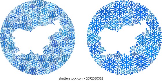 Icy Slovenia map mosaic is designed with circle and carved shape. Vector Slovenia map mosaic of snowflake parts in different sizes and blue shades. Designed for winter projects.