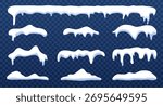 Icy snow cap collection. Winter frost decoration. Border frozen frame isolated design