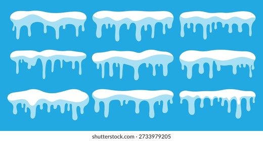 Icy snow cap collection. Winter frost decoration. Border frozen frame isolated design. Winter snow elements snow caps, icicles, and frost borders. Perfect for holiday frames, banners, and seasonal 