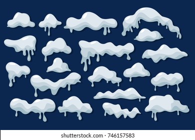 Icy snow with dripping icicle. Set of isolated snowy cap, cold and frozen, snowflakes. Seasonal weather for snowfall, snow pile. Winter and christmas, new year and wintertime theme