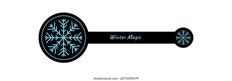Icy snow flake sticker label outline with blue ornament for winter package. Frozen snowflake as cold decorative element in black and blue, christmas season product accent, clean outline format.