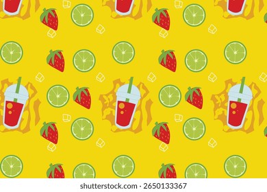 Icy strawberry drink with lemon slices seamless pattern for kids summer projects, packaging , fabric, promotions, posters