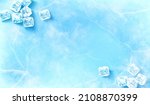 Icy surface background. 3D Illustration of groups of ice cubes scattered on upper left and bottom right of light blue surface covered in ice