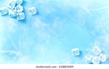 Fondo de superficie helada. Ilustración de grupos de cubos de hielo esparcidos en la parte superior izquierda e inferior derecha de la superficie azul claro cubierta de hielo