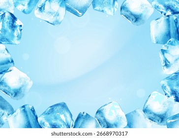 Superficie helada de fondo azul. Anuncio con el marco brillante frío del borde de los cubitos de hielo y el espacio para el texto. Abstractas agua helada invernal. Diseño para Sitio web y redes sociales. Ilustración vectorial 3D realista